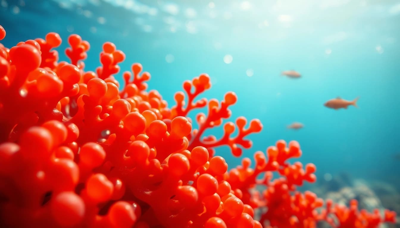 Visualize natural astaxanthin, vibrant marine algae highlighting its health benefits.