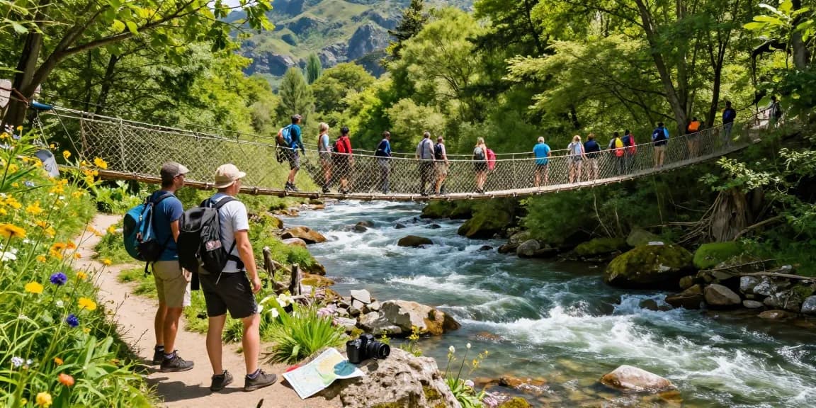 Hikers exploring a stunning River Rope Bridge surrounded by lush greenery and vibrant nature.