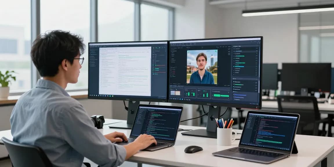 AI image detector showcasing advanced technology tools in a modern workspace with a data scientist analyzing content moderation results.