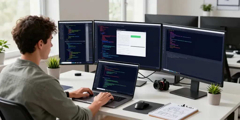 Developer coding with Notepad++ in a bright modern office setup with dual monitors.