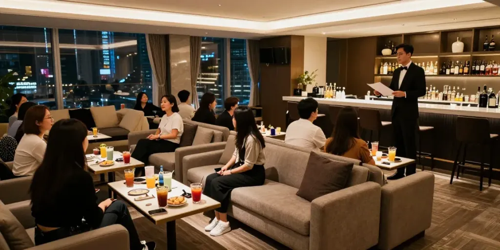 강남 구구단의 고급 독립 룸에서 아늑한 대화와 분위기 있는 주류와 간식이 어우러진 장면