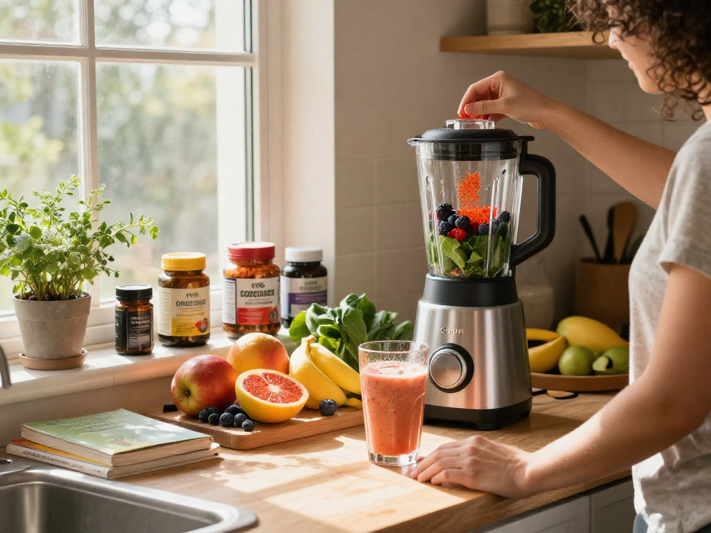 Preparing a smoothie with natural astaxanthin ingredients in a bright kitchen