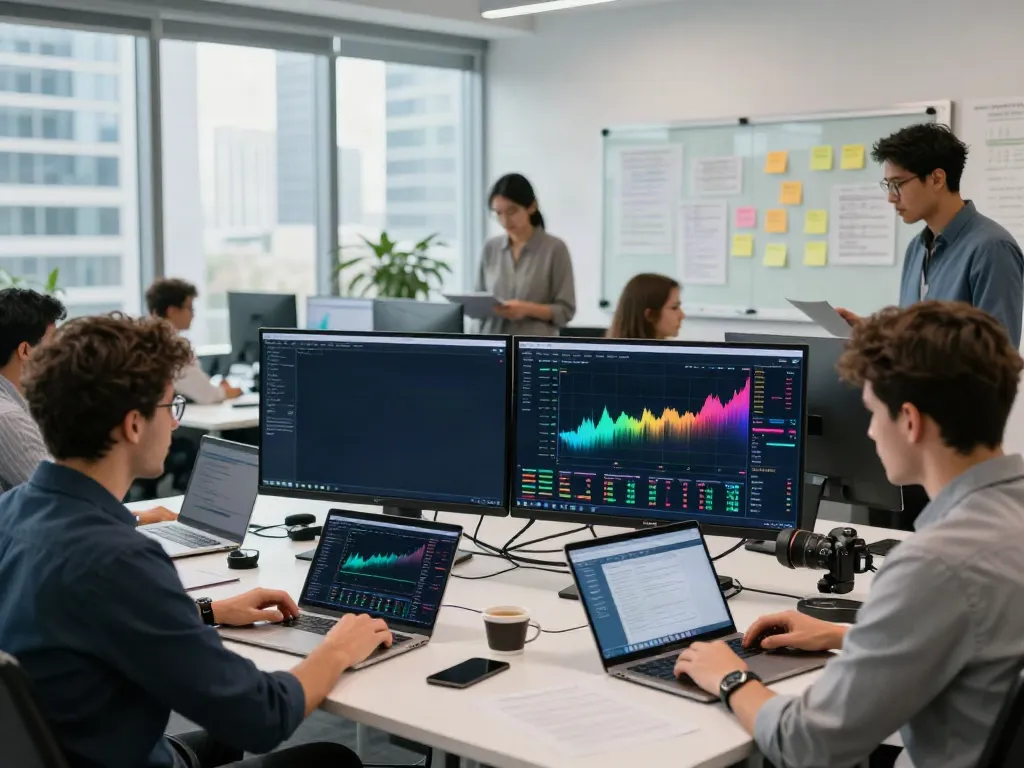 tradingview官网 trading setup in a modern office featuring diverse traders and dynamic charts