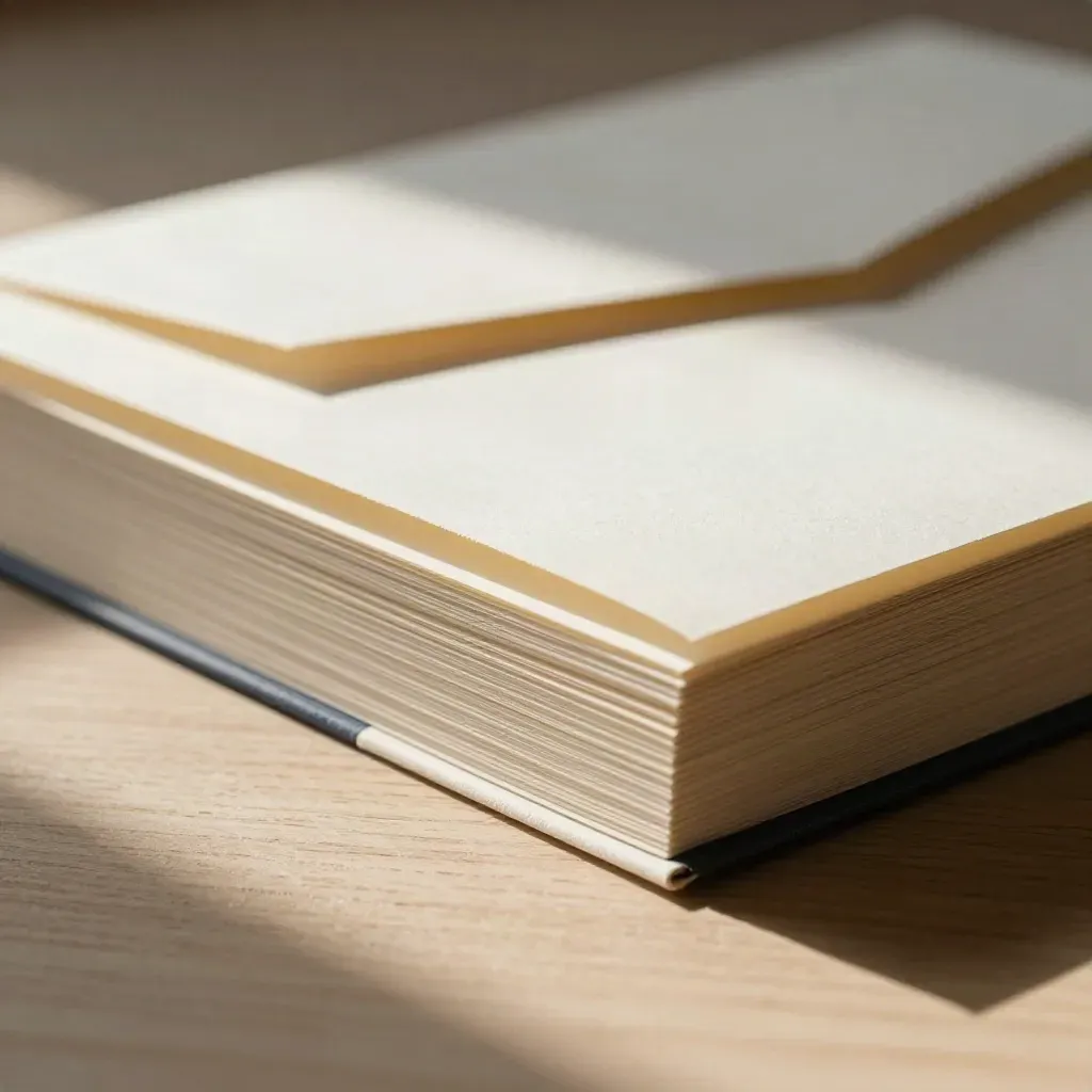 Macro of an off-white research folio stack and envelope on sanded oak in dusty sunbeams