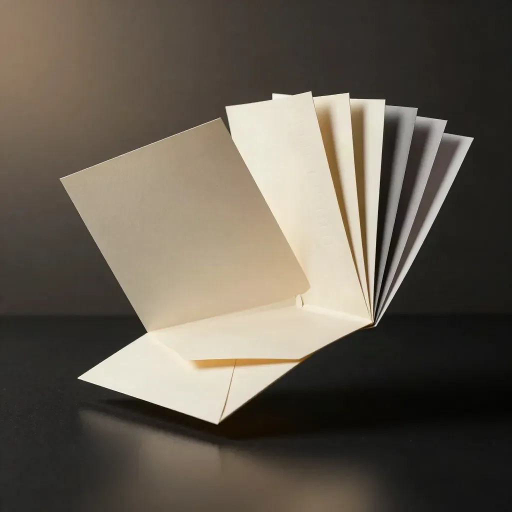 Floating cream survey kit with fan of cards, folio, and envelope in a dark studio.