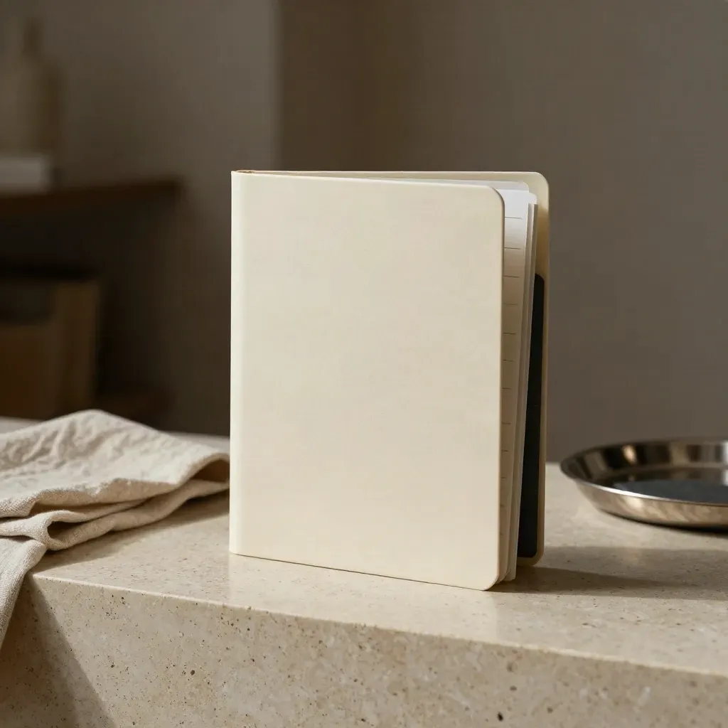 Cream buyer-panel folio open on travertine with sealed packet and slate card