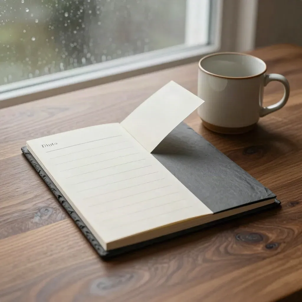 Slate interview kit, mug and folded agenda by a window on a walnut table.