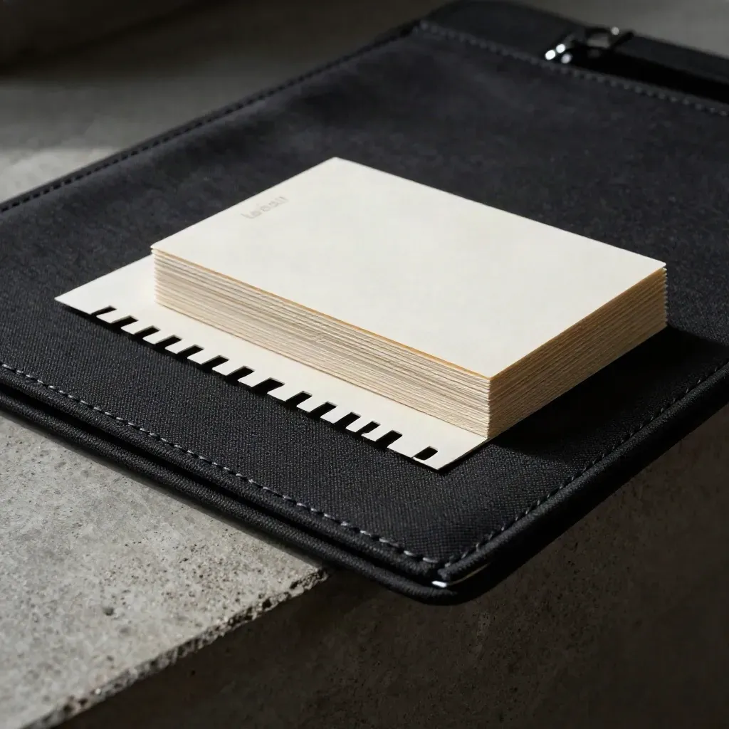 Black canvas research field kit, blank cards and folded sample strip on concrete in dramatic studio light.