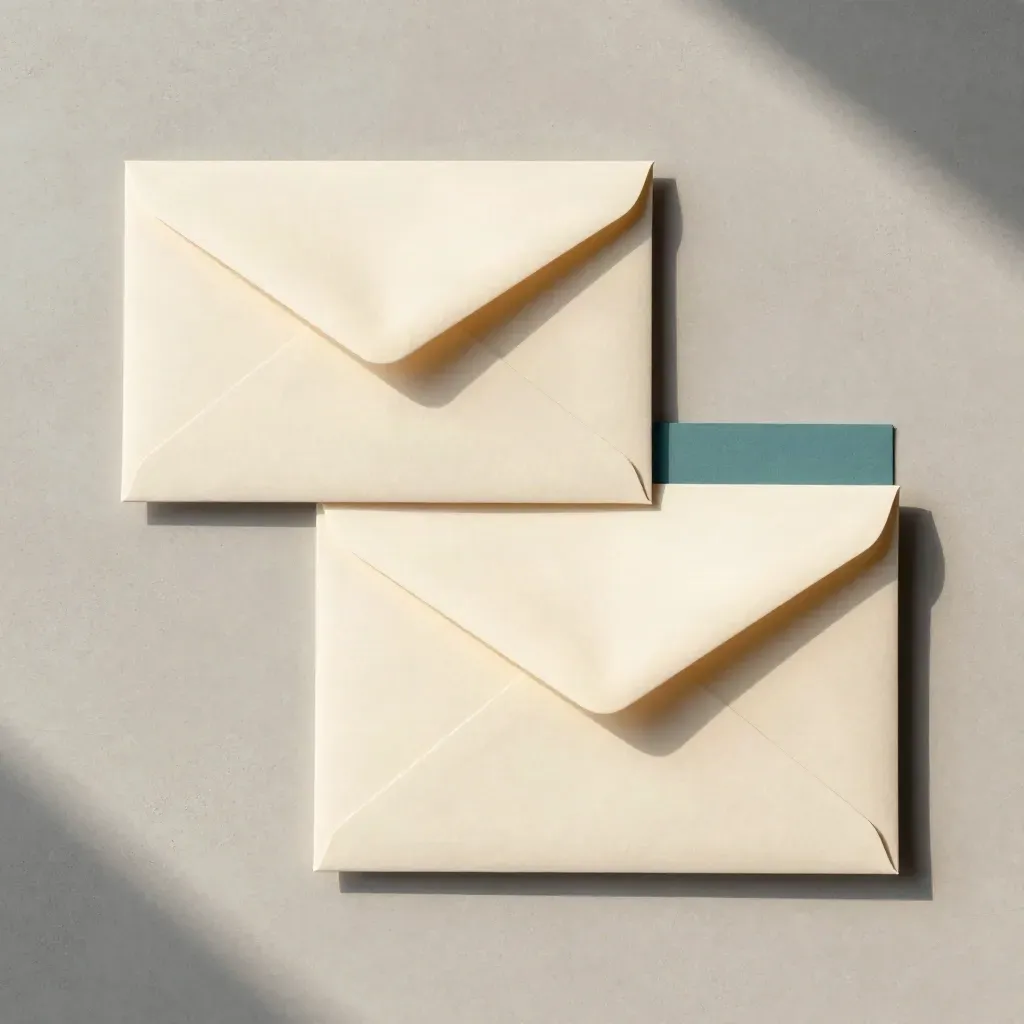 Overhead flatlay of a summary deck, sealed envelope and folded sleeve on pale concrete.