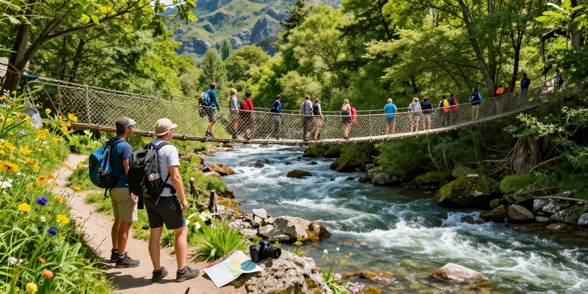 Hikers exploring a stunning River Rope Bridge surrounded by lush greenery and vibrant nature.