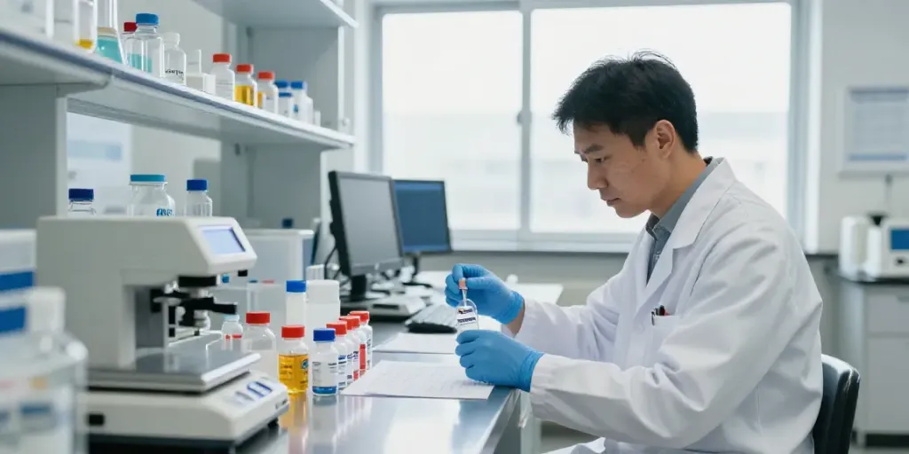 Scientist examining Swiss Chems research chemicals in a modern lab.