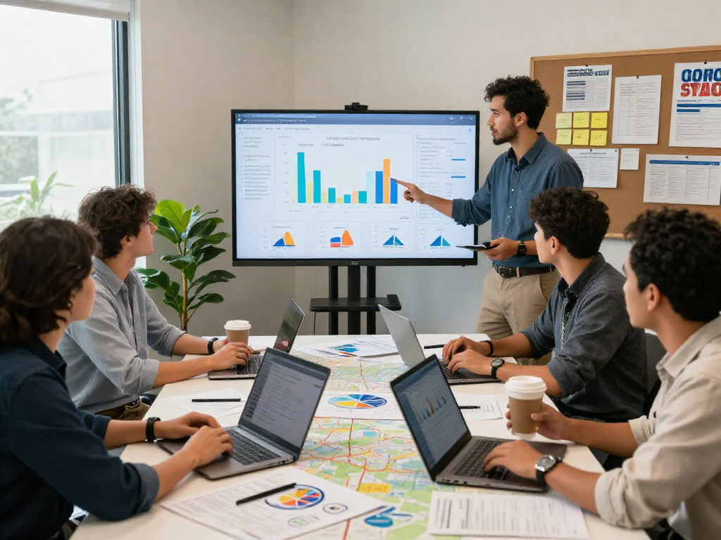 Engaged team strategizing political influencer marketing with data-driven insights in a modern office.